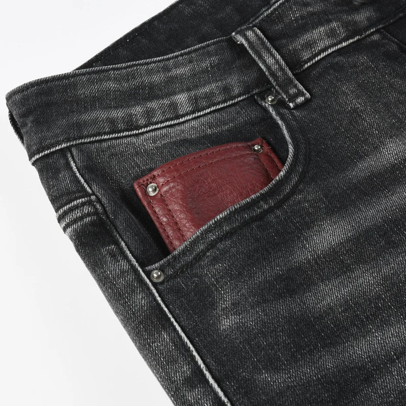 Men's Fashionable Black/Gray Jeans with Pleats Nostalgic Perforations Red Patches Washed Water High Street Style