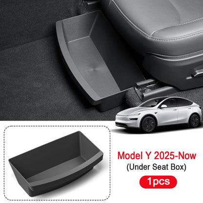 Under Seat Storage Box Organizer for Tesla Model Y Juniper 2025 2026 Underseat Storage Tray Bin Trash Can Car Travel Accessories