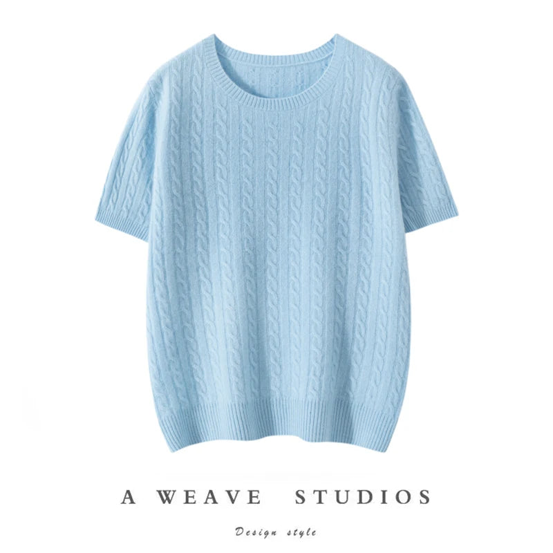 100% Pure Cashmere Fried Dough Twists Round Neck Solid Short Sleeve Women's High Quality Luxury Pullover Sweater Spring Autumn