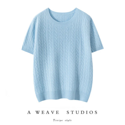 100% Pure Cashmere Fried Dough Twists Round Neck Solid Short Sleeve Women's High Quality Luxury Pullover Sweater Spring Autumn