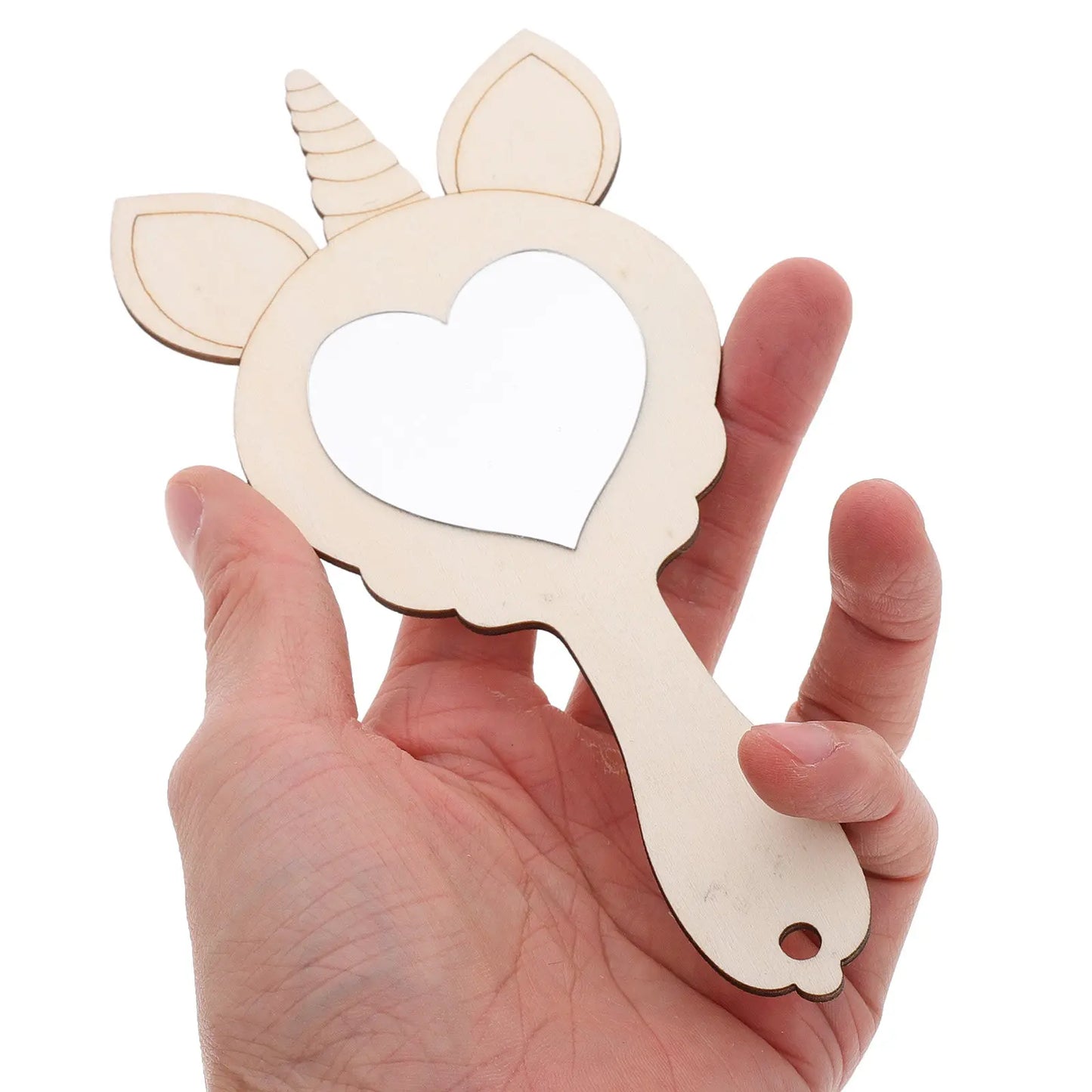 1Set Unpainted Wooden Unicorn Mirror Kit Kids Handheld Craft Set Natural Wood DIY Painting Activity Snowflake Mud Pearl Clay