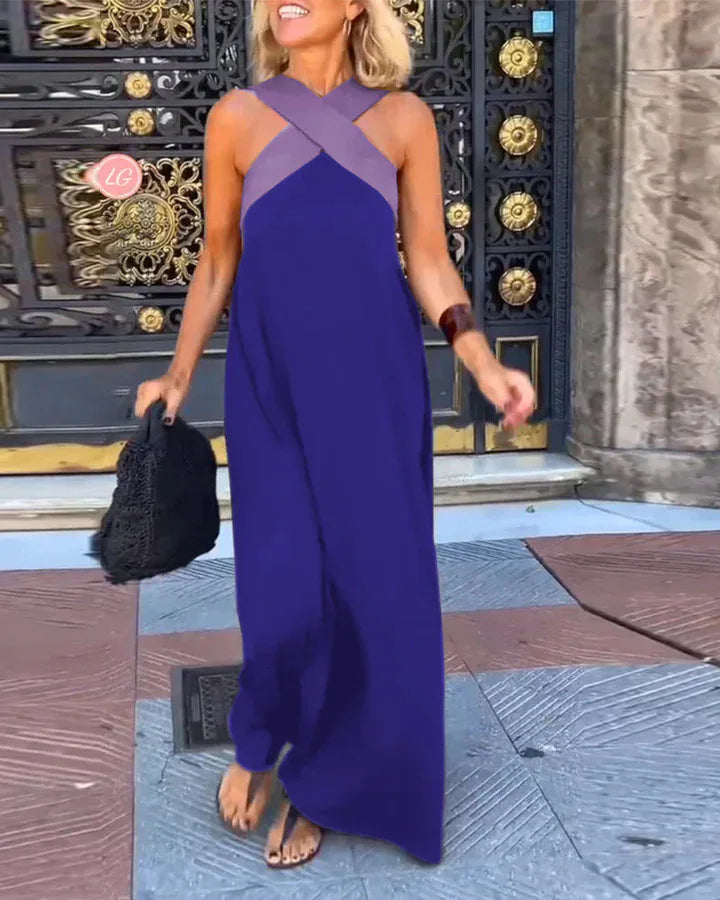 Women's Long Cross Dress Skirt European Style Mid-Waist A-Line Dress Polyester Fabric No-Sleeve Business Wear Single Piece
