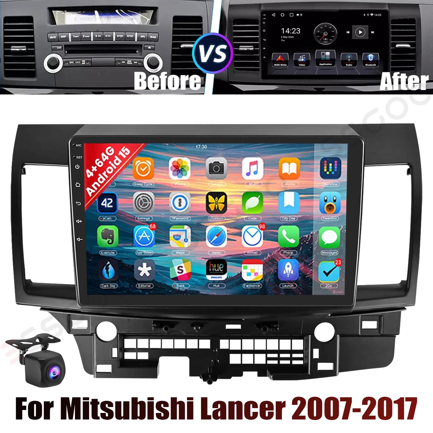 10" Android 15 Car GPS Car Stereo Radio For 2008-2017 Mitsubishi Lancer Apple Carplay 4+64G IPS Touch Screen WiFi GPS BT+DVR&CAM