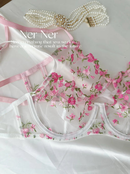 Sexy Floral Embroidery Mesh Bra Set Sweet Sheer Lace Lingerie Soft Comfort Breathable Underwear Suit Party Dating Daily Wear Bra