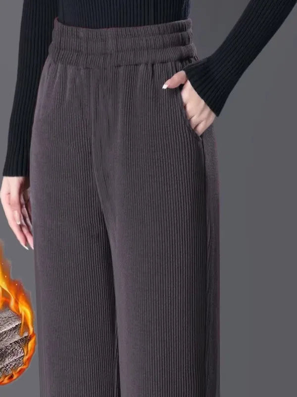 Women's Fleece Lined Corduroy Wide Leg Pants High Waist Warm Straight Cut Casual Trousers Autumn Winter New Mom Comfortable