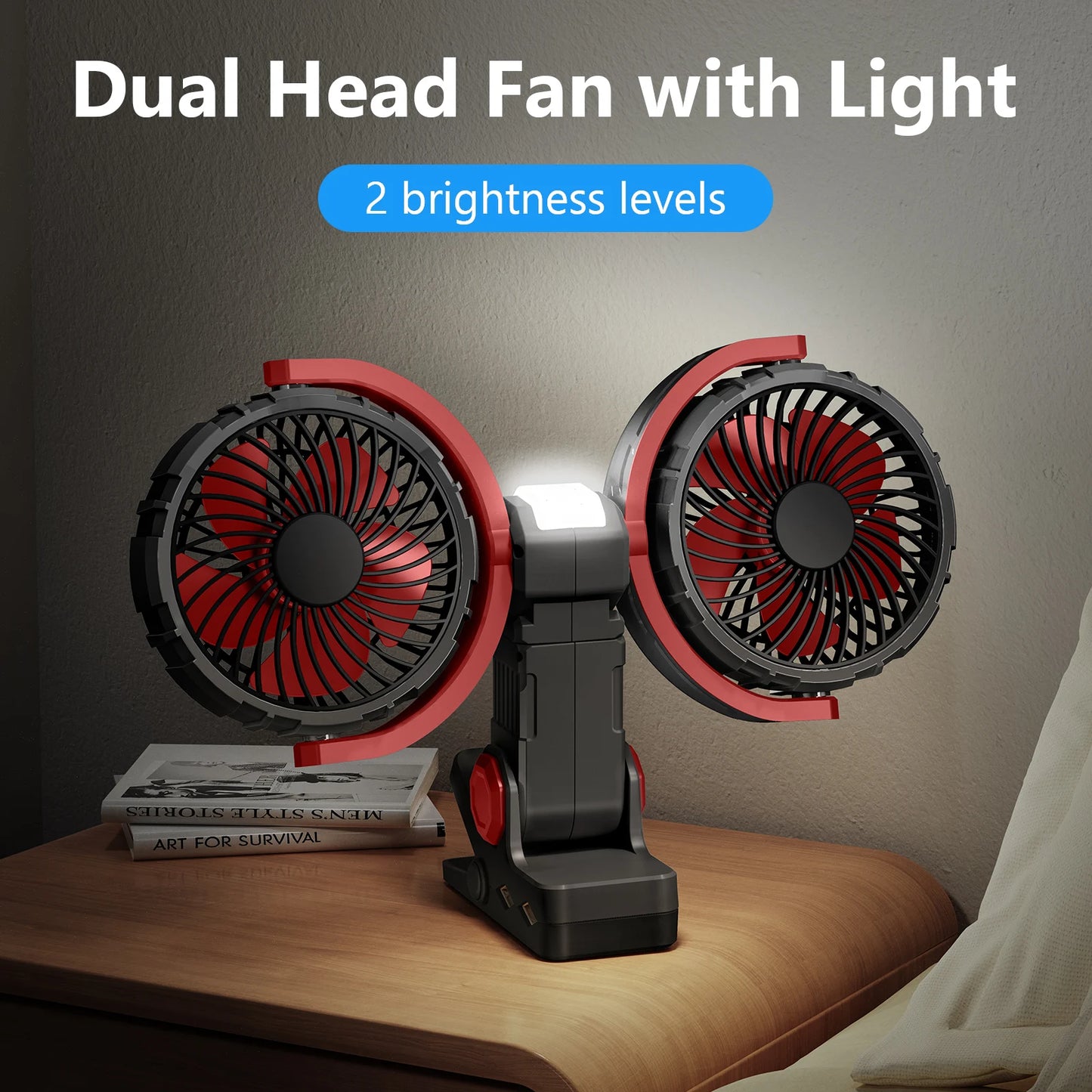 Eary Dual Head Clip On Fan Mount For Desktop With 4000mAh Battery Operated 3 Speed Adjustable 360 Rotatable Desk Air Cooling Fan