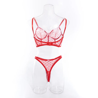 Ellolace Polka Dot Sensual Lingerie Transparent Lace Set Women 2 Piece Seamless Bilizna Set See Through Sexy Black Intimate