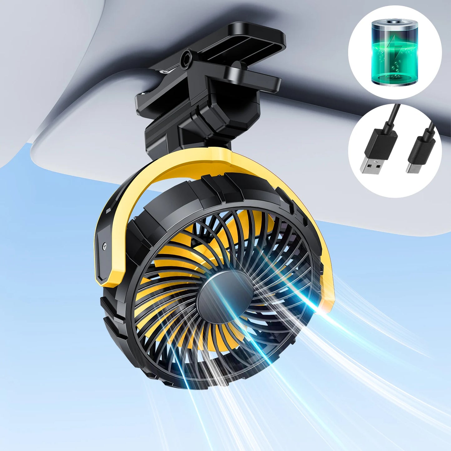 Eary Car Clip On Fan With 2000mAh Battery Usb Rechargeable Fan 900° Rotate Portable Air Cooling Fans Car Electronic Accessories