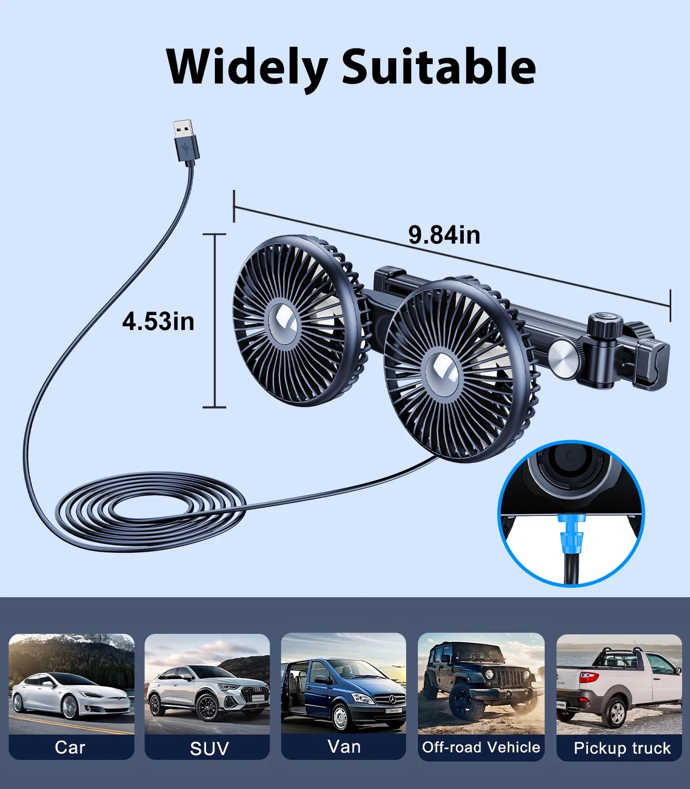 Hipacool Battery Dual Head Fan for Car Backseat with Retractable Long Arm USB Rechargeable Car Seat Headrest Cooling Fan