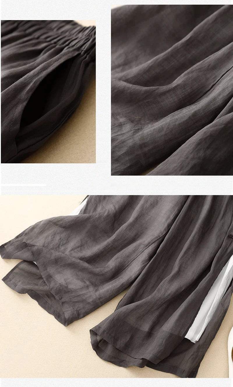 Gray Cotton Linen Casual Elastic High Waist With Lining Women's Pants Wide Leg Ankle-Length Pants For Women Clothing Fashion