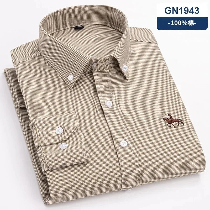 New 100% Cotton Oxford Shirt For Men's Long Sleeve Solid Casual Business Regular-Fit Formal Dress Shirts Social Blouse S-6XL