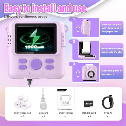 Instant Print Camera for Kids, HD Digital Video Cameras, Portable Toy for 4-10 Year Old Girls Boys with 32GB SD Card-Purple