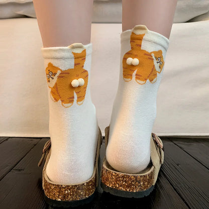 1pairs  Cat Printed Three Dimensional Mid Tube Socks Sweat Absorbing Breathable Soft Casual Couples Socks for Men Women