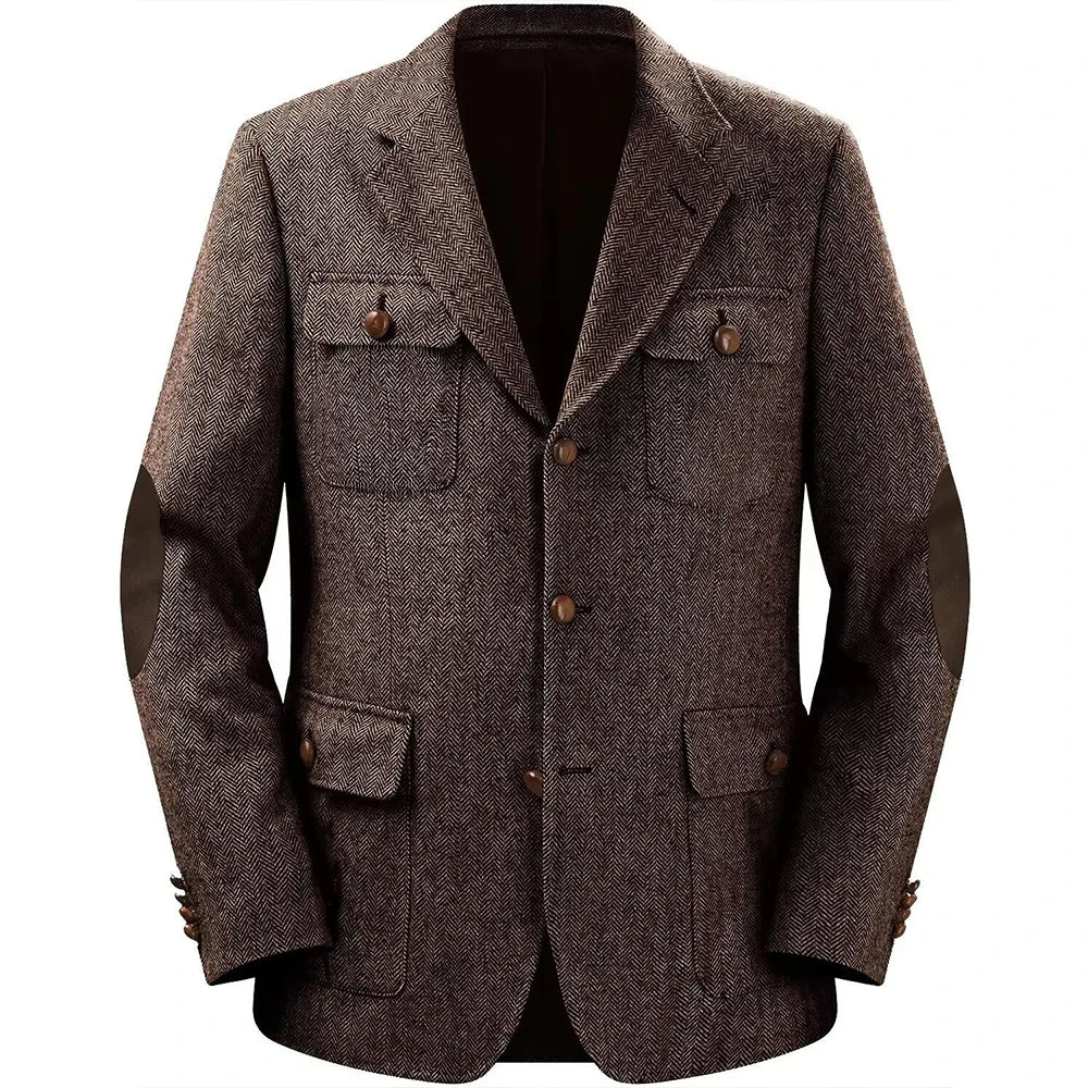 Men's Herringbone Hunting Jacket Casual 4 Pockets Fashion Design Vintage Tweed Blazers Blazer Single Breasted Comfortable Work