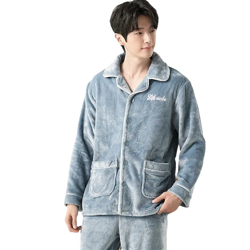 Men's Winter Thickened Fleece Pajamas Coral Velvet Home Clothes Set New Style Long Sleeve Stand Collar Couple's Outfit
