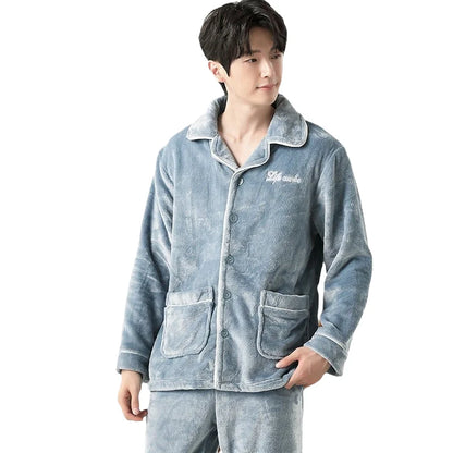 Men's Winter Thickened Fleece Pajamas Coral Velvet Home Clothes Set New Style Long Sleeve Stand Collar Couple's Outfit