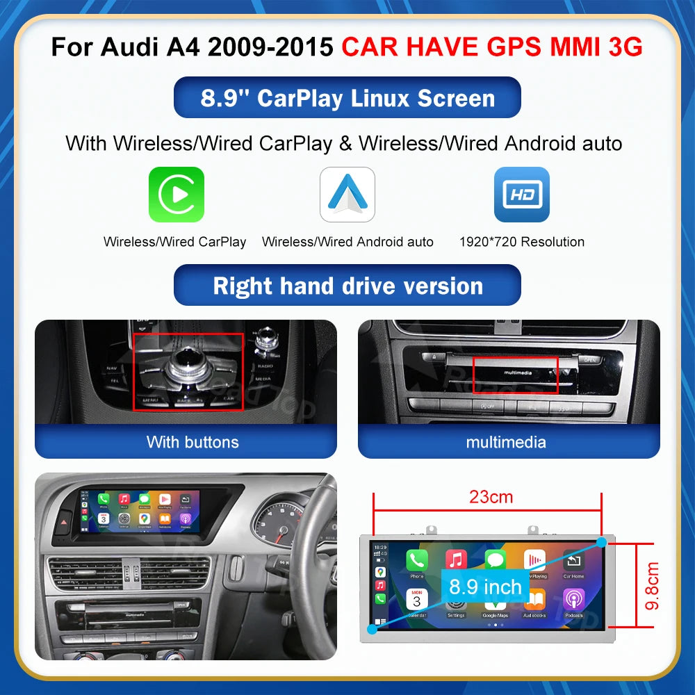 CN Road Top 8.9 12.3'' Touch Screen Multimedia Player Andriod Auto Link For Audi A4 S4 B8 2009-2015 GPS Carplay Display Car Play