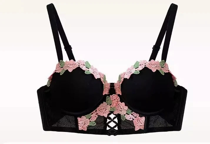YUQI Vintage Floral Lingerie Set Cream Lace Bralette, Retro Push Up Bra for Small Bust Women Pure & Sensual Embroidered Wireless