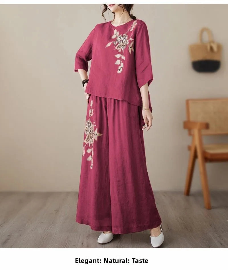 plus Size Women's Retro Cotton Linen Set Wide Leg Pants Slimming Mom Two Piece Suit Spring Fashion Korean Style Commute Wear
