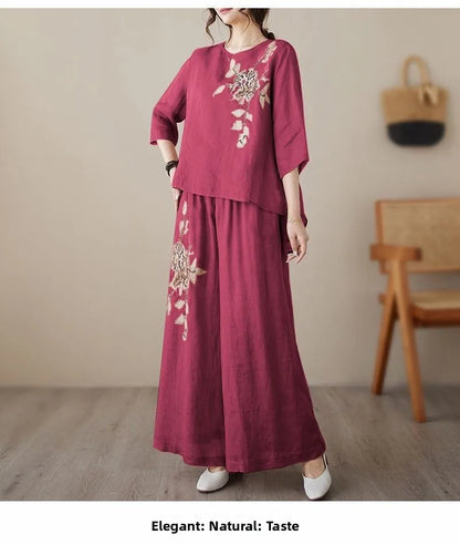 plus Size Women's Retro Cotton Linen Set Wide Leg Pants Slimming Mom Two Piece Suit Spring Fashion Korean Style Commute Wear