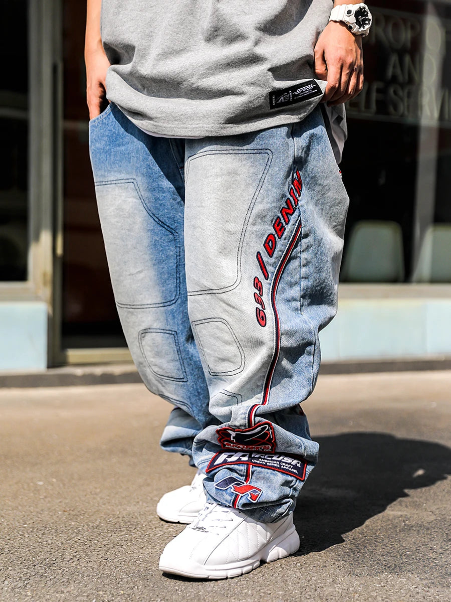 ACUSA Jeans Stacked Embroidered Washed Denim Jeans 633 Version Letter Stitching 3D Patchwork Men's Loose Straight Leg Jeans