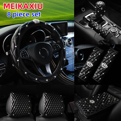 8 artificial skin leather diamond crown steering wheel cover shoulder cover armrest cushion Handbrake cover headrest cushion set