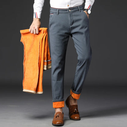 Men Winter Snow Warm Thermal Pants Straight Leg Cool Loose Pants Thicken Fleece Long Korean Business Blue Gray Khaki Trousers