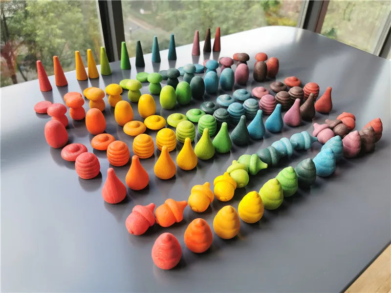 Kids Wooden Montessori Toys Rainbow Loose Parts Wood Mushrooms Honeycomb Droplets Bamboo Shoots Acorns Tree Cones