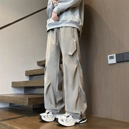Grey Green Men’s Corduroy Cargo Pants Wrinkle Texture Sport Jogger Loose for Winter High Street Casual Versatile Daily Trousers