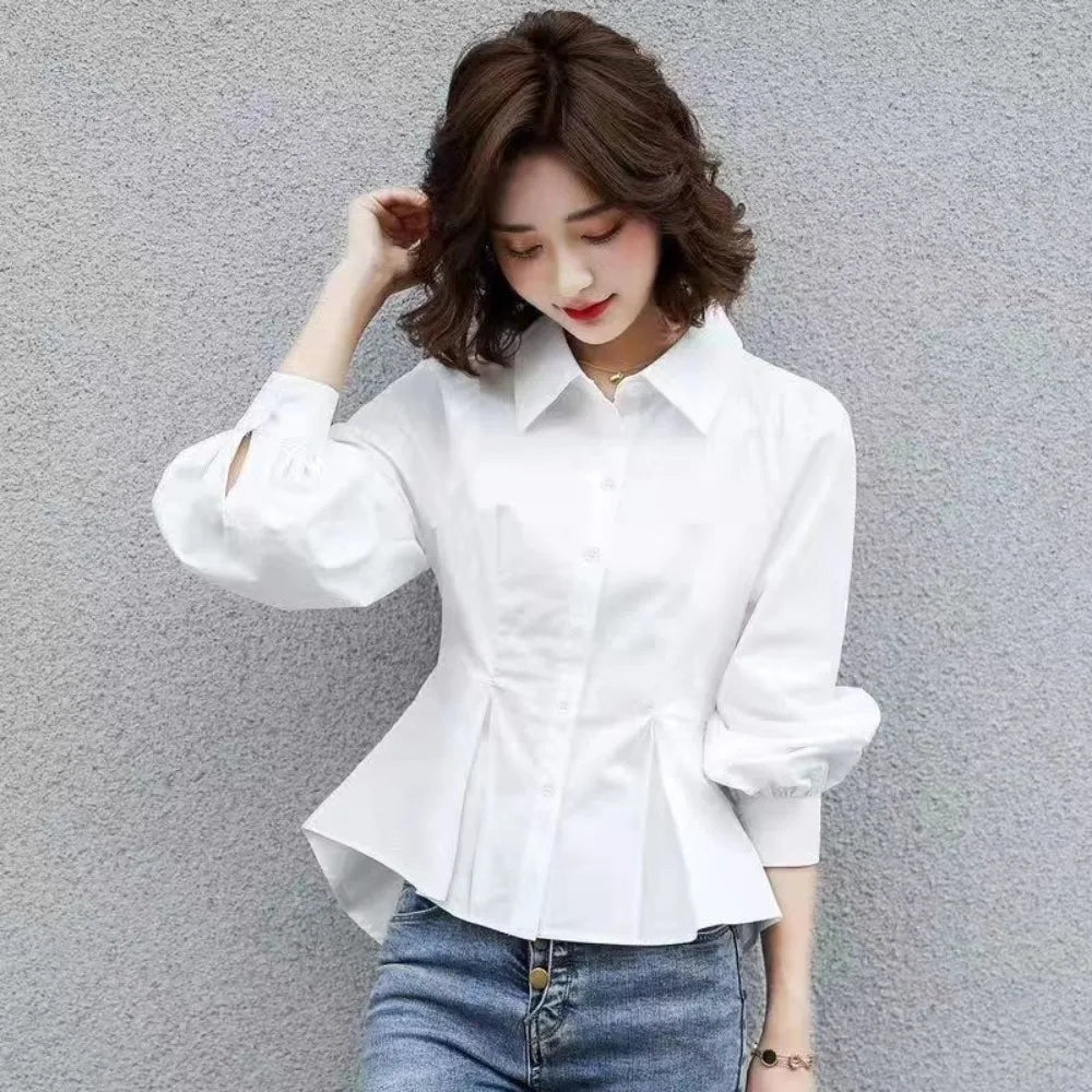 Fashion Simplicity Trend Temperament Spring New Women’s Slim Waist Button Shirt Long Sleeve Pure Color Chic Design Shir Tops