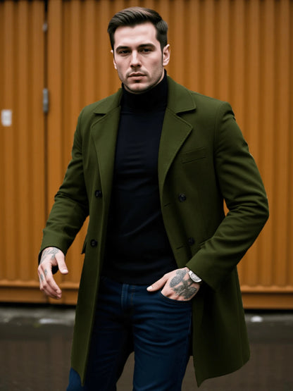 Winter Elegance Woolen Coat Male Warm & Stylish Men's Solid Coat: Double-Breasted Design Thickened Lining - Woolenen Jacket For
