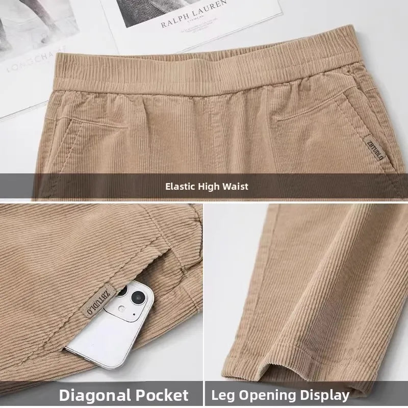 Autumn Winter Thickened Corduroy Casual Harlan Pants for Mom High Waist Loose Fit Straight Leg Casual Outerwear Polyester Fiber