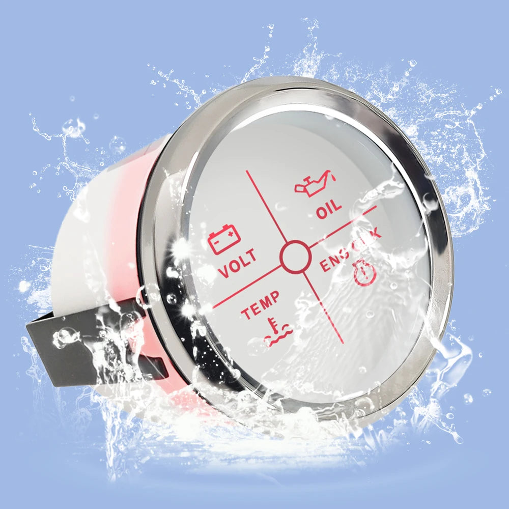 New 52mm 4 LED Alarm Gauge Meter Volt Water Temp Oil Pressure Alarm Indicator Gauge Meter with Red Backlight for Car Boat Yacht