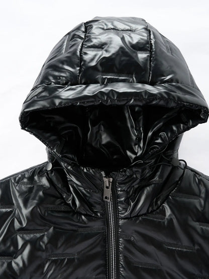 Men's Winter Solid Color Glossy Hooded Cotton Jacket, Windproof, Waterproof and Thickened, Suitable for Outdoor Sports and Leisure