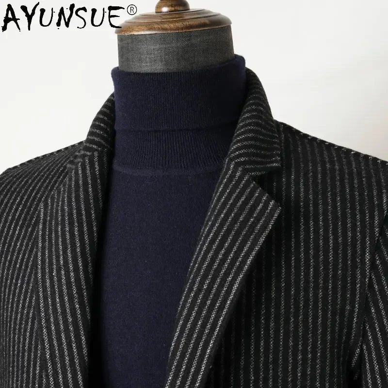 AYUNSUE Double-sided 80% Wool Jacket Men's Mid Length Autumn Winter Striped Suit Jackets Wool Trench Coat Men's Clothing Abrigos