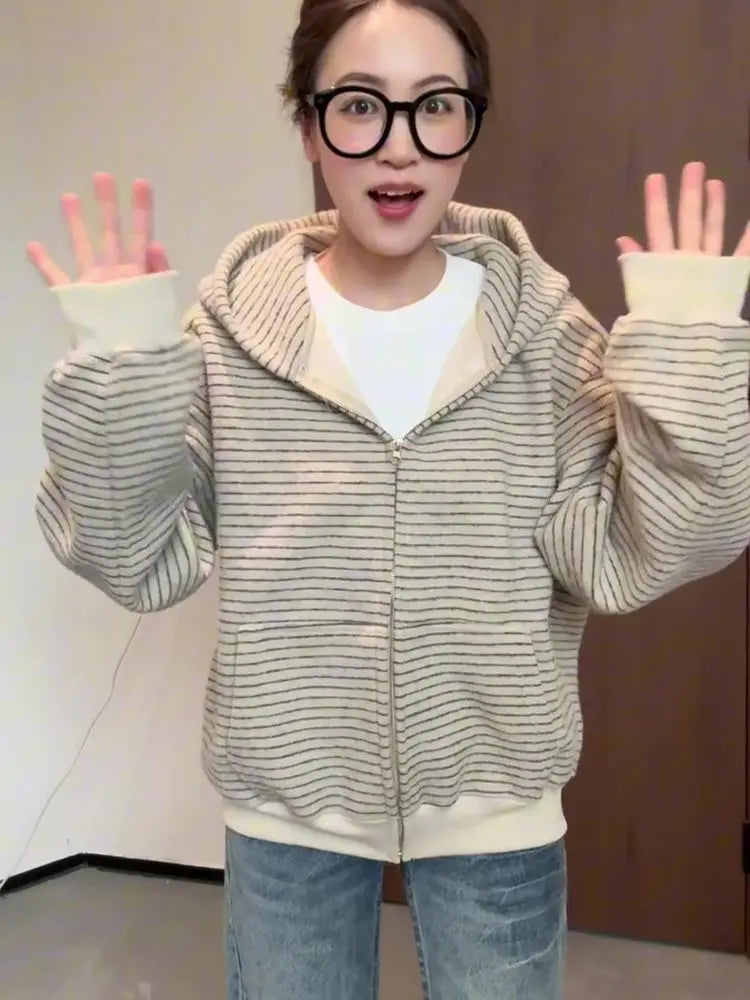 Korean Style Fleece Lined Thickened Striped Open Cardigan Hoodie Women's Loose Long Sleeve Top Autumn Winter New Arrival