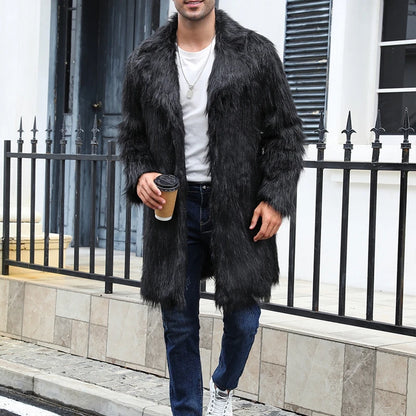 Men s Faux Fur Hooded Parka Winter Warm Long Sleeve Solid Color Print Long Jacket Open Front Overcoat with Pockets