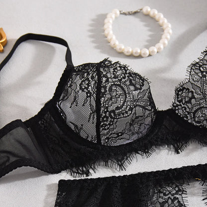 Ellolace Solid Lingeries Sexy Hot Elegant Bra Belt Thong 3PC with Leg Circles Cute Intimate Seductive Lace Tempted Underwear