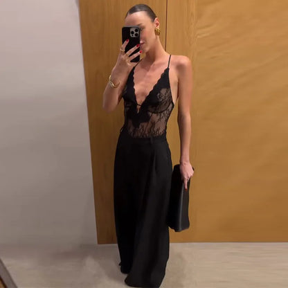 Sexy Women's Bodysuit Halter Lace Deep V-neck Sleeveless   Slim Female Bodysuits 2026 Summer New Fashion Party Chic Lady Top