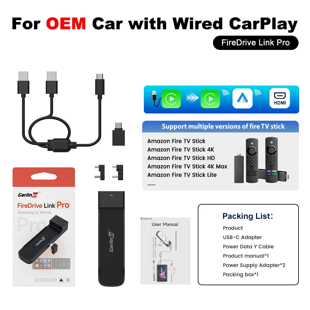 CarlinKit FireDrive Link Pro Wireless CarPlay Adapter for Amazon Fire TV Stick HDMI Android Auto Car TV Mate Video Streaming Box