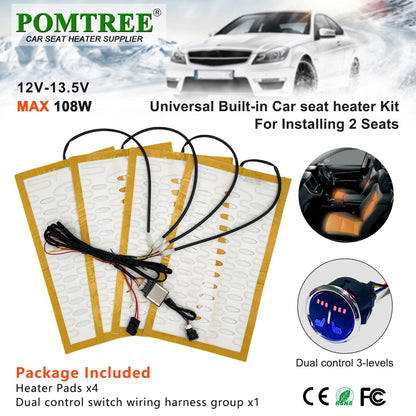 Universal Built-In Car Seat Heater Kit Fit 2 Seats,108W Alloy Wire Heating Pads 3-Level Dual Control Switch with Wiring Harness