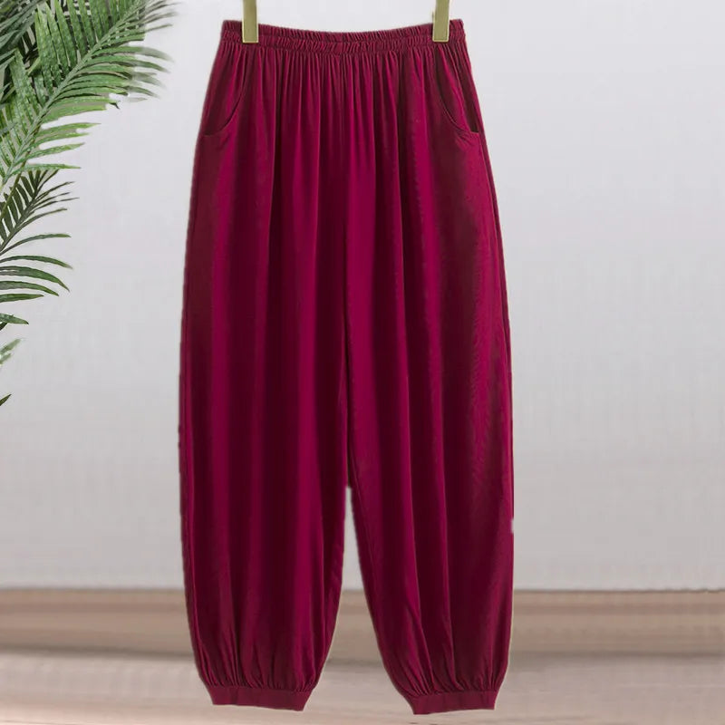 High Waist Lantern Pants Casual Cotton Silk Large Size Printed Long Trousers for Middle-Aged And Elderly Women