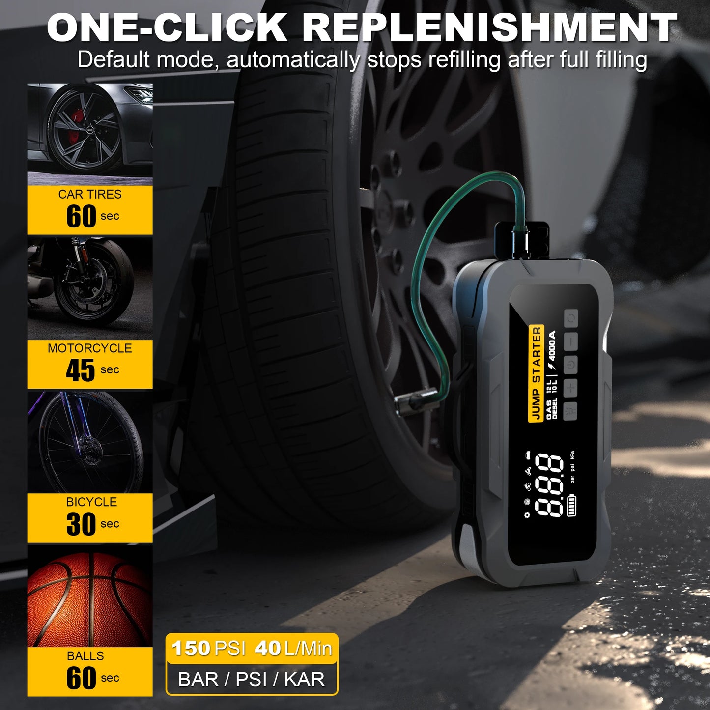4000A Car Jump Starter with 24,000 mAh Battery Charger Compressor Air Pump Tire Inflator Emergency Kit Truck Booster