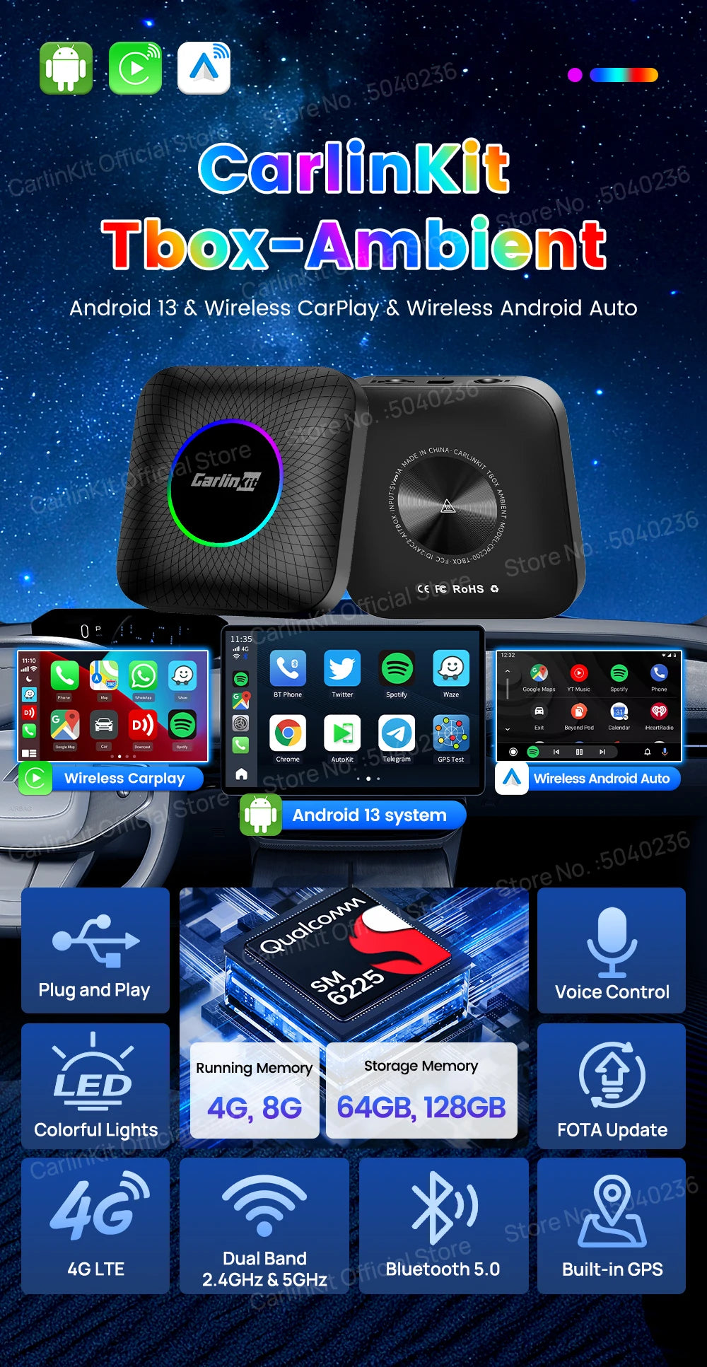 2026 CarlinKit CarPlay AI Box Android 13.0 QCM6225 8-Core Android Auto Wireless CarPlay Adapter 2.4+5GGPS 64G 128G FOTA Upgrade