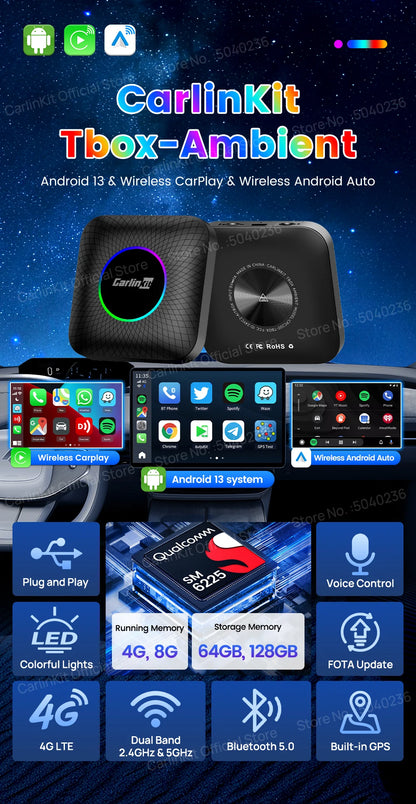 2026 CarlinKit CarPlay AI Box Android 13.0 QCM6225 8-Core Android Auto Wireless CarPlay Adapter 2.4+5GGPS 64G 128G FOTA Upgrade