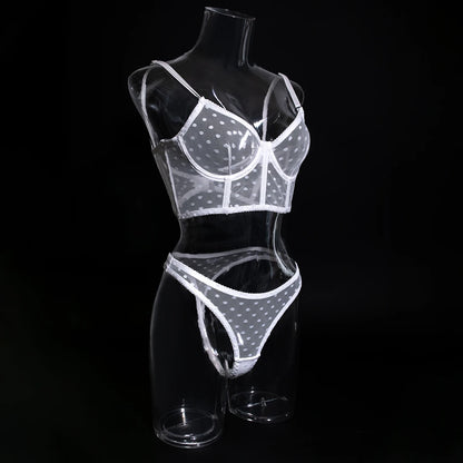 Ellolace Polka Dot Sensual Lingerie Transparent Lace Set Women 2 Piece Seamless Bilizna Set See Through Sexy Black Intimate
