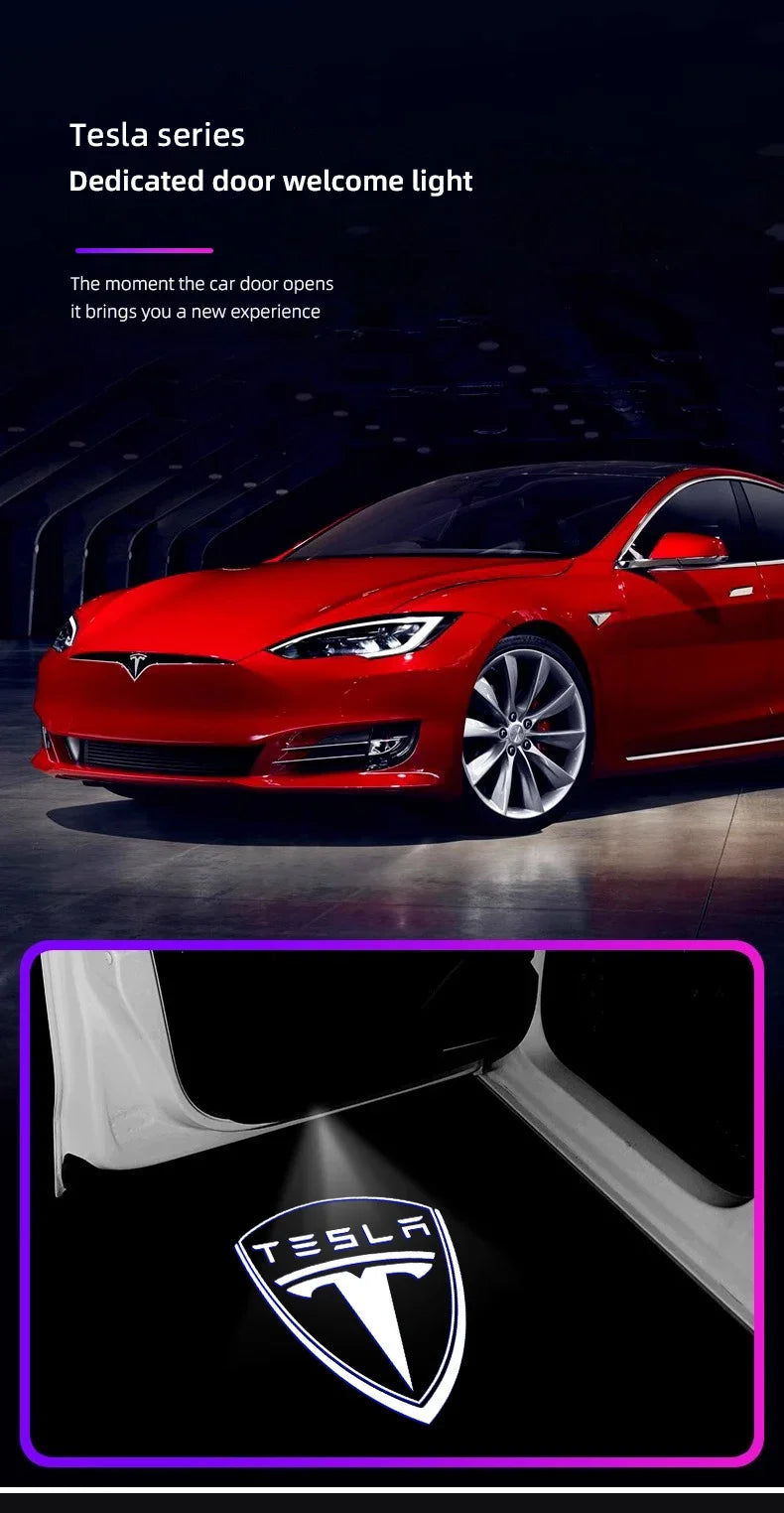 2/4Pcs Car Door Projector Lamps HD LED Welcome Lights Accessories For Tesla Model-Y Model-3 Model-X Model-S Cybertruck Roadster