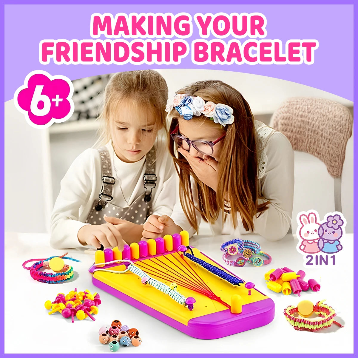 Friendship Bracelet Making Kit with Braiding Board, 2-in-1 Hair Braid & Bracelet Craft Set for Girls, DIY Jewelry Making Toys