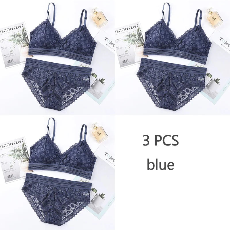 3 Piece Set Bra Sexy Lace Beauty Back Suit Underwear Gather Seamless Women's Underwear Panties Comfortable Lingerie