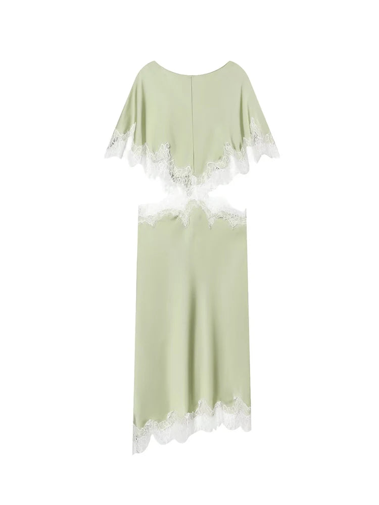 New Women Sexy Cut Out Dresses Solid Lace Spliced Short Cape Sleeve Asymmetric Midi Dresses Summer Ladies Elegant Party Dress